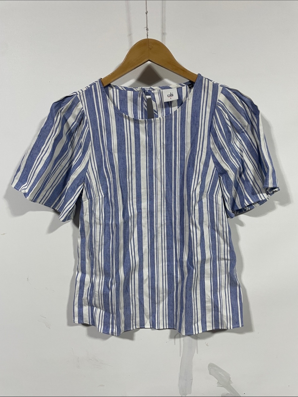 Cabi Blue and White Striped Puff Sleeve Top